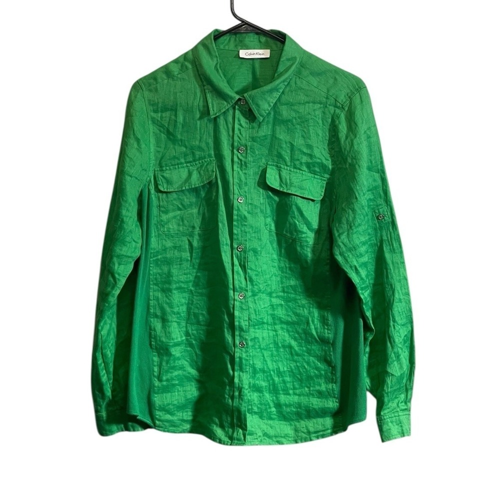 Calvin Klein Women's Green Linen Blouse Button Front Long Sleeve Shirt Medium